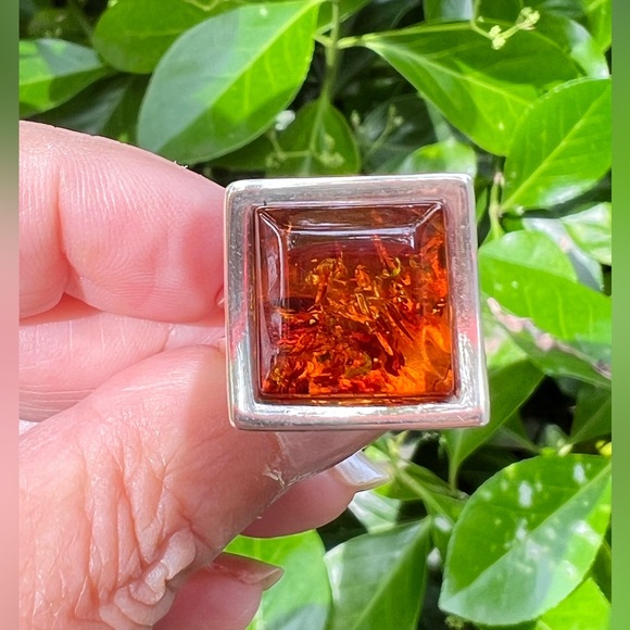 VINTAGE LARGE MODERNIST STATEMENT DESIGNER AMBER RING 925 STERLING SILVER